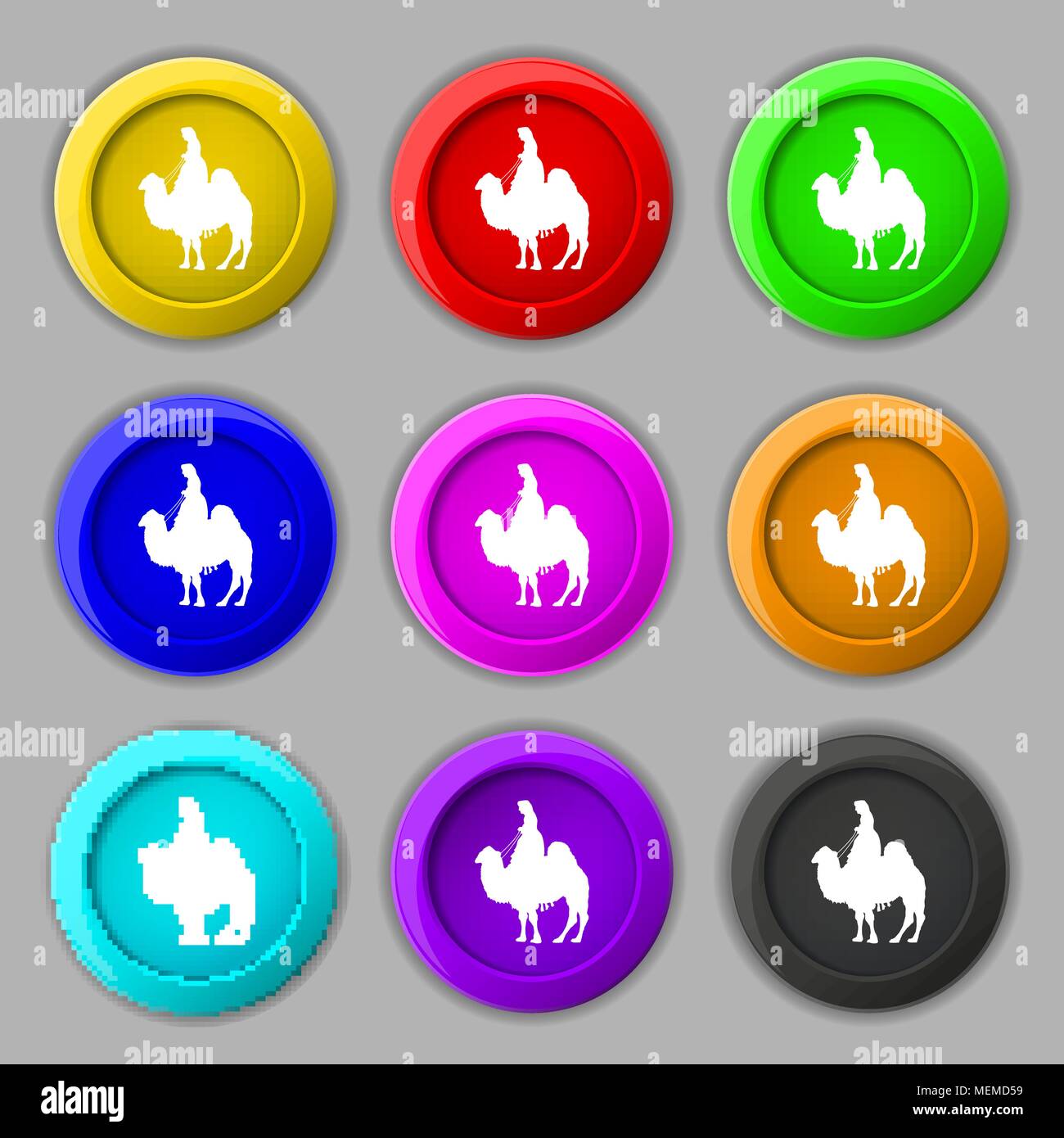 Kamel Symbol unterzeichnen. Symbol auf neun Runden farbigen Buttons. Vector Illustration Stock Vektor