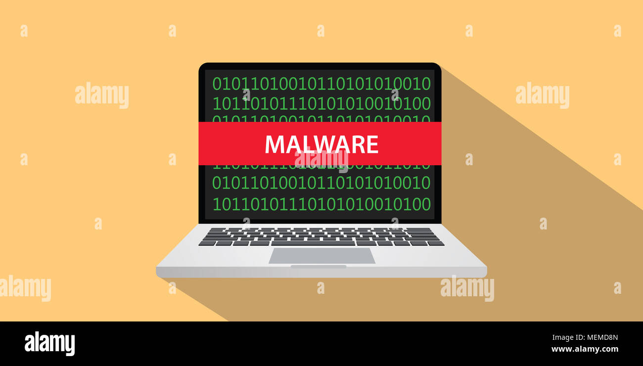Malware Konzept Abbildung mit Laptop comuputer und Text Banner auf dem Bildschirm mit flachen und lange Schatten Vektor Stockfoto