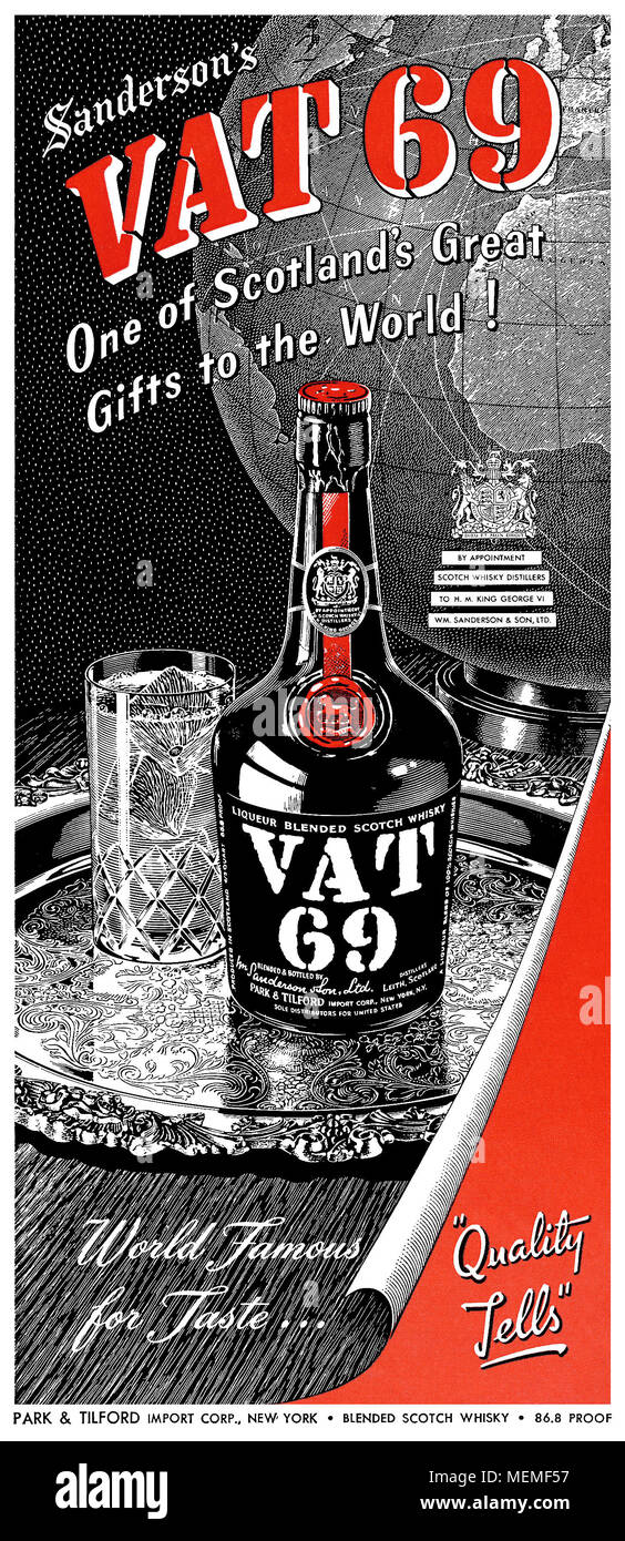 1949 US-Werbung für Mehrwertsteuer 69 Scotch Whisky. Stockfoto