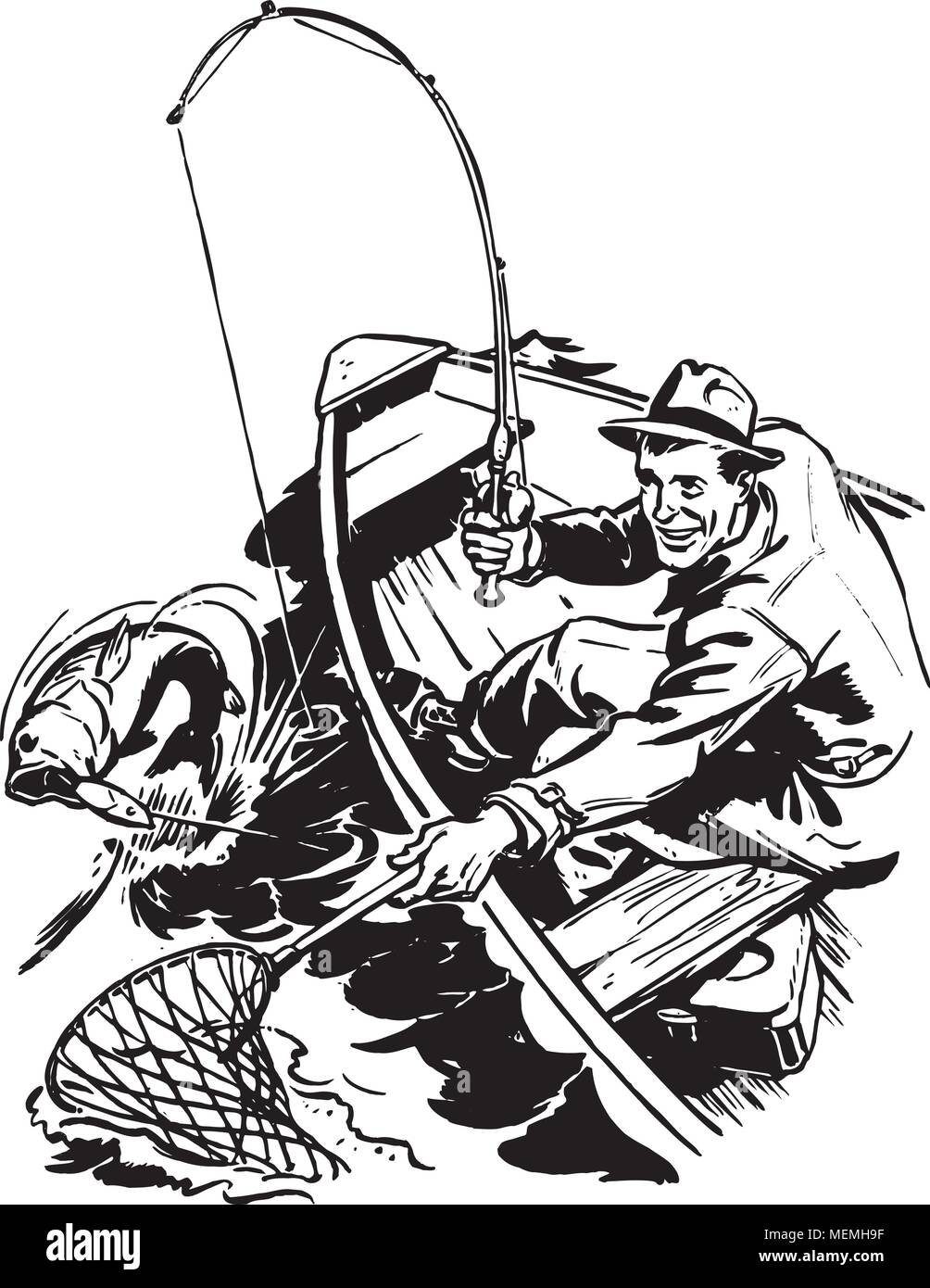 Fischer, Fische zu fangen - Retro Clipart Illustration Stock Vektor