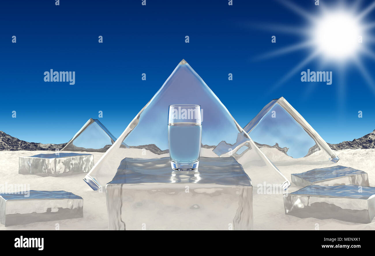 Glas Wasser auf Hintergrund Winterlandschaft. 3D-Darstellung Stockfoto