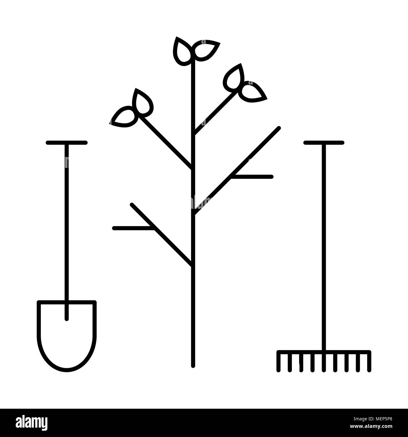 Symbol Leitung das Einpflanzen von Pflanzgut und Pflege für den Garten, Werkzeug Schaufel und Rechen Stockfoto