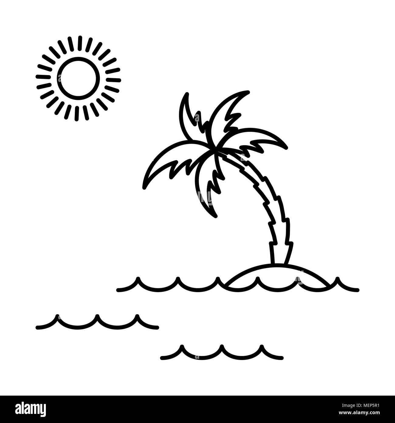 Kontur Symbol der Insel mit Palmen, Sonne und Wellen Stockfoto