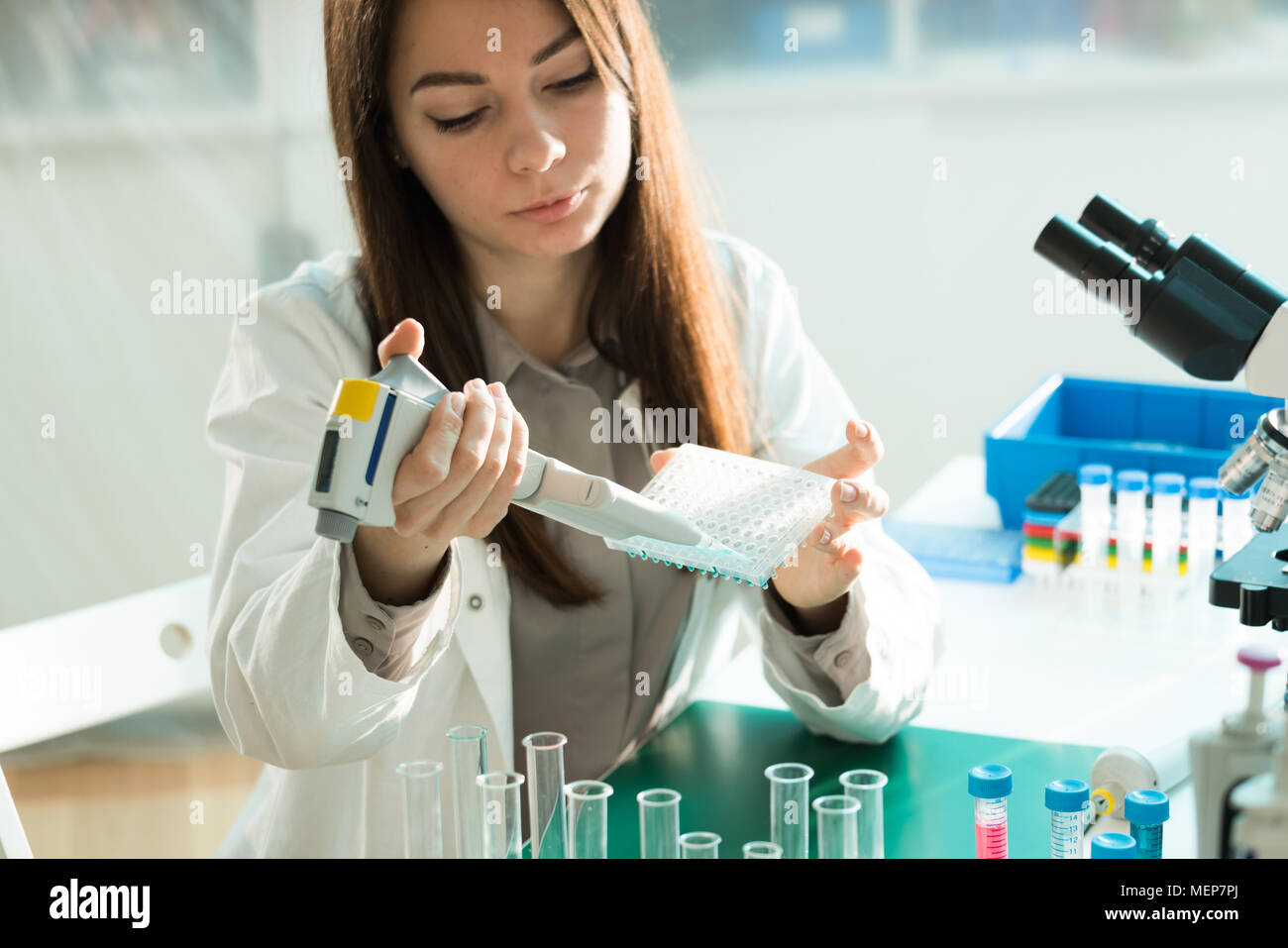 Student Frau mit multi Pipette und andere PCR-Produkte in der mikrobiologischen/genetischen Labor Stockfoto