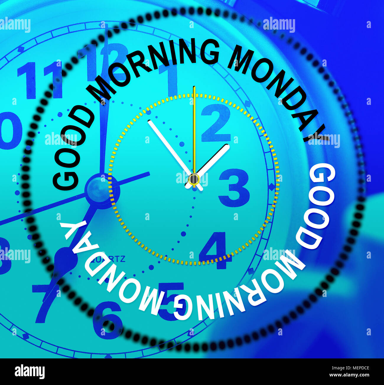 Guten Morgen Montag - Motivation Zitat Uhren - 3D-Darstellung Stockfoto