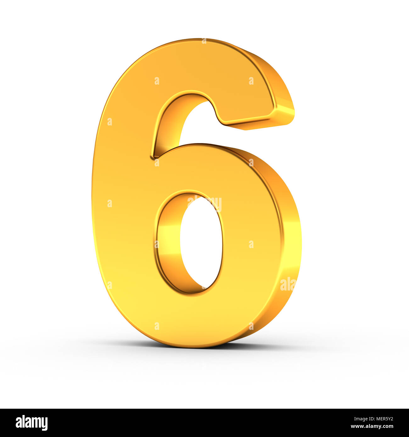 Die Zahl Sechs als poliertem goldenen Objekt über weißen Hintergrund mit Beschneidungspfad für die schnelle und genaue Isolierung. Stockfoto