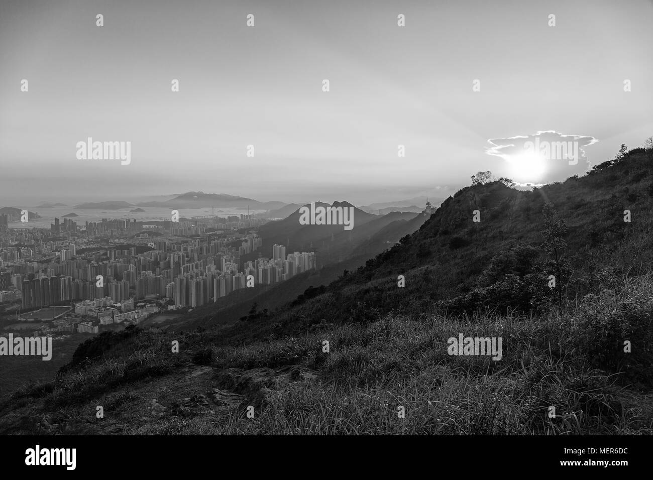 Hong Kong schönen Sonnenuntergang peak (schwarz und weiß) Stockfoto