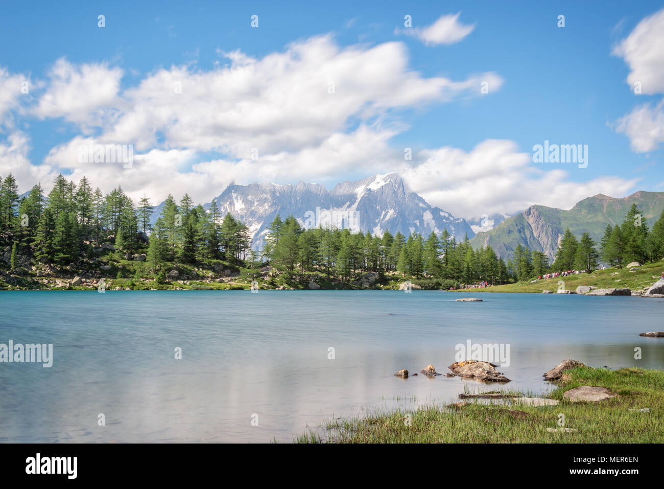 Arpy See, Monte Bianco (Mont Blanc) im Hintergrund, Nationalpark Gran Paradiso, Aosta Tal in den Alpen, Italien Stockfoto