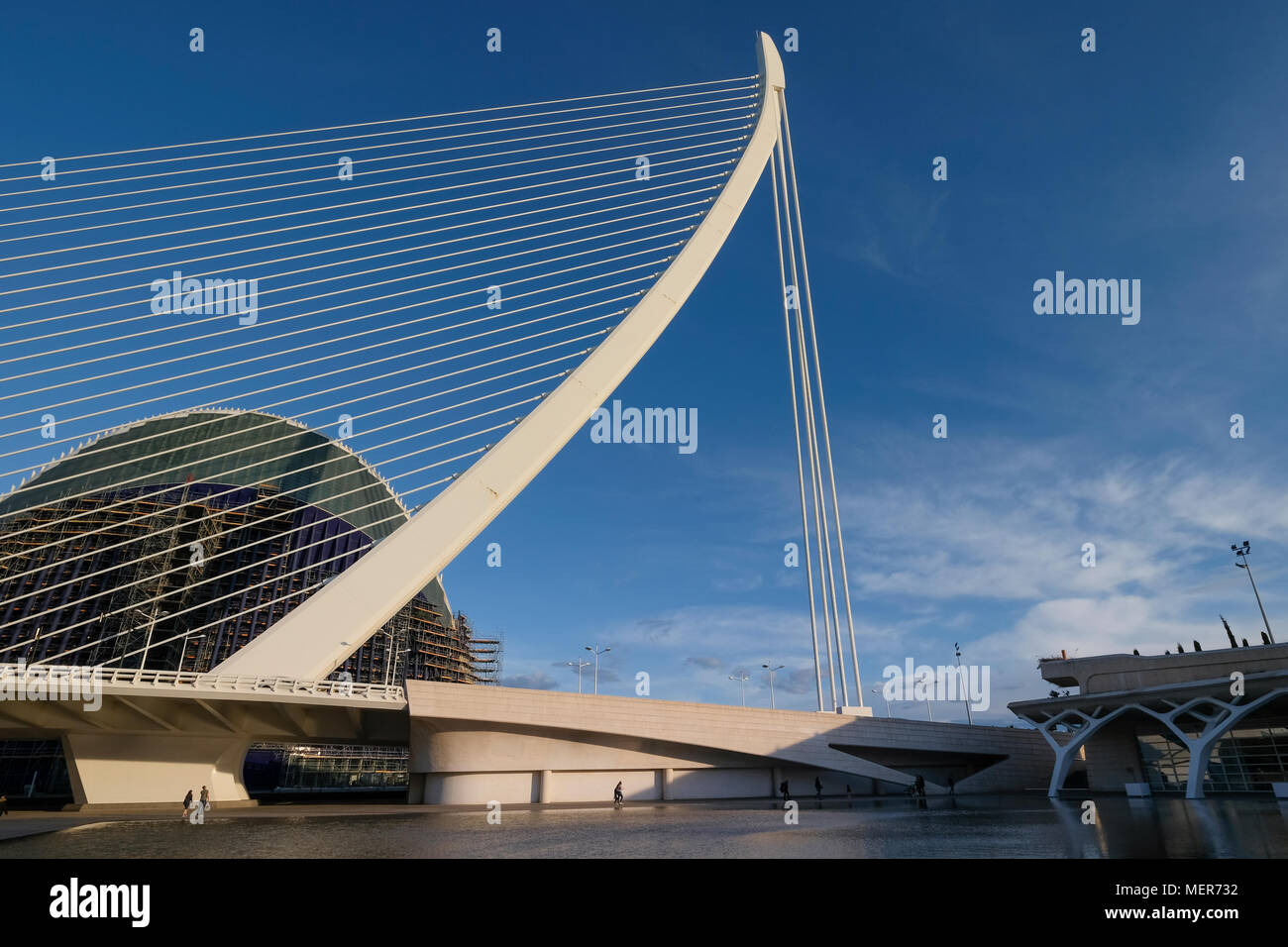 Die Assut de l' oder Brücke, eine Funktion auf die Skyline der Stadt und einen Teil der Stadt der Künste und Wissenschaften in Valencia, Spanien. Stockfoto