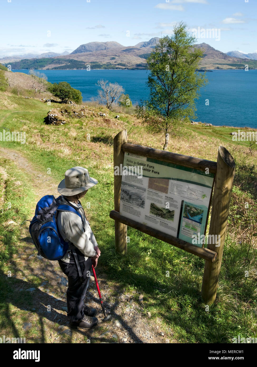 Touristen lesen Informationsschild am Leitir Fura Deserted Township auf der Isle of Skye Scotland, Großbritannien Stockfoto