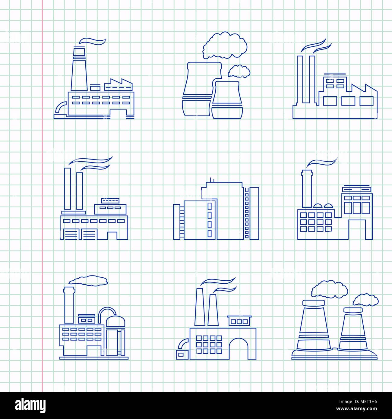 Factory Symbole auf einem Notebook Blatt Stock Vektor