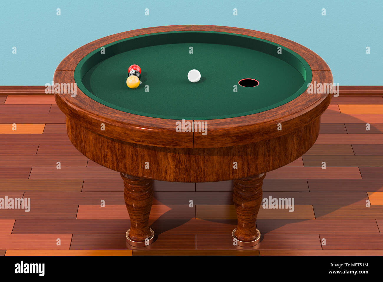 Elliptische Billard Tisch mit Kugeln im Zimmer auf dem Holzboden, 3D-Rendering Stockfoto