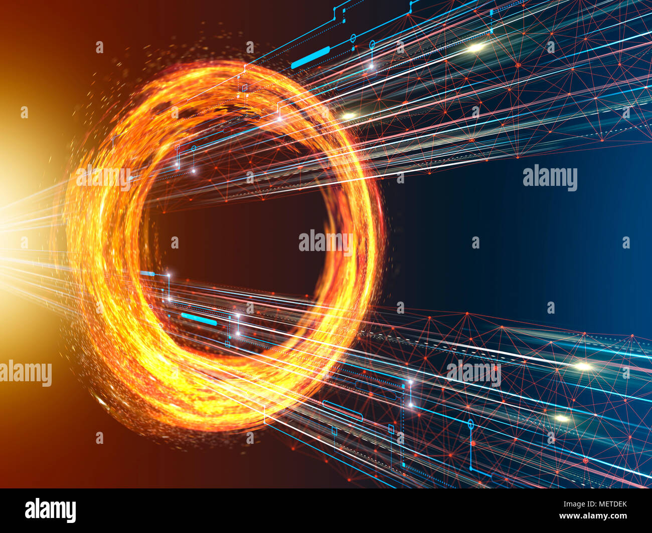 Lichtstrahl und Netzwerk Linien Durchbruch Spinning Fire Ring Stockfoto