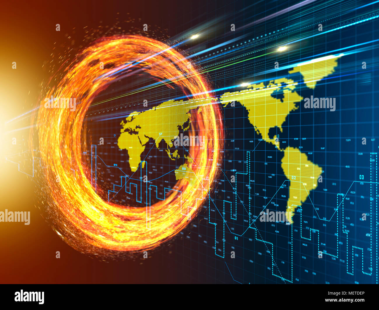 Lichtstrahl und Weltkarte gehen Durchbruch Spinning Fire Ring Stockfoto