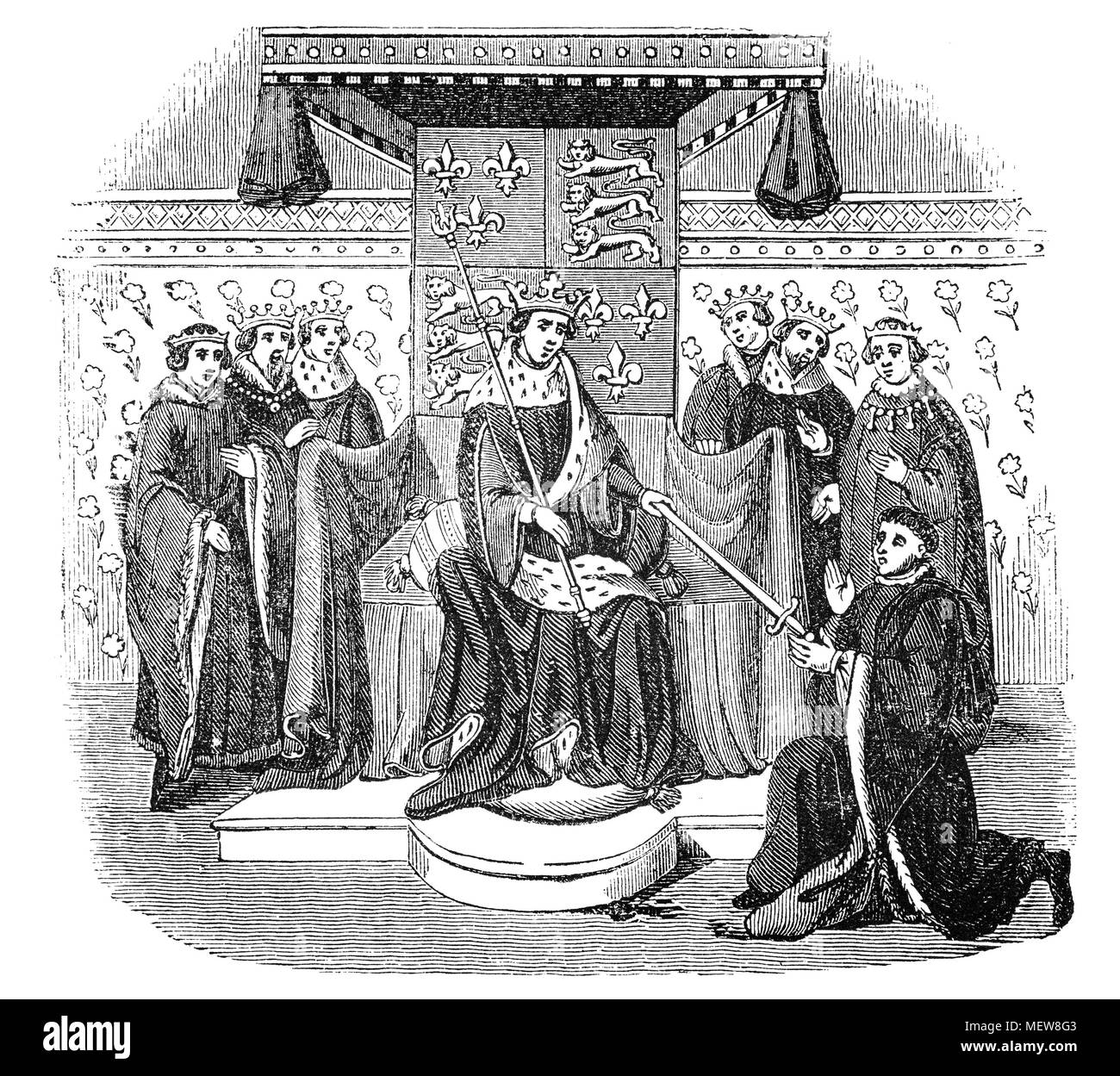 Henry VI (1421-1471) König von England von 1422 bis 1461 und erneut von 1470 bis 1471, und strittige König von Frankreich von 1422 bis 1453. Bilder an seinem Hof Wann gab er das Schwert zu John Talbot, Graf von Shrewsbury, ein bekannter englischer militärischer Befehlshaber während des Hundertjährigen Krieges, sowie das einzige Constable von Frankreich durch den König von England ernannt. Stockfoto