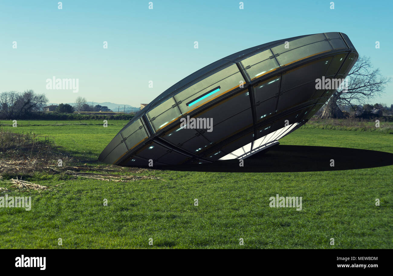 3D-Render. Außerirdisches Raumschiff unidentified Flying Object Stockfoto