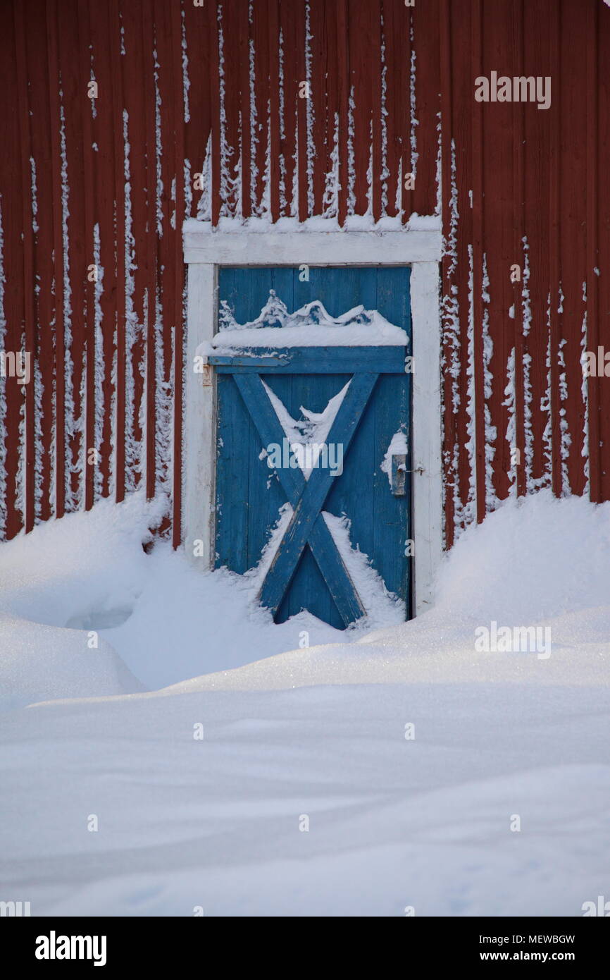 Nahaufnahme der verschneiten bis blaue Tür von einem roten Holzhaus an einem kalten Wintertag Stockfoto