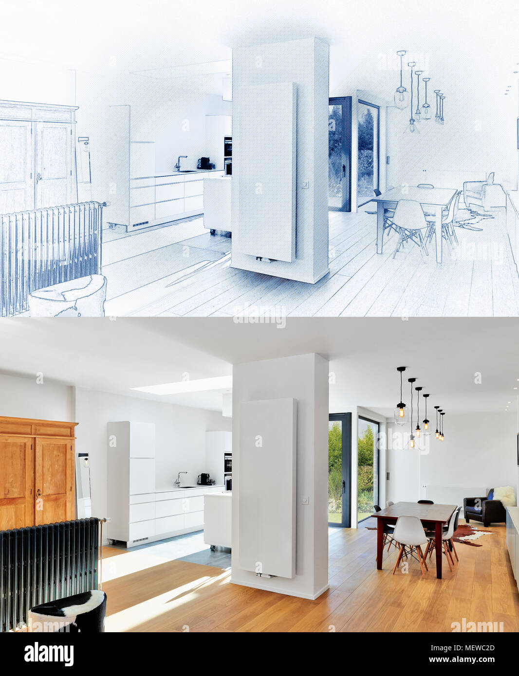 Blue Print eines modernen Luxus Wohnzimmer und Küche und Ergebnis nach Stockfoto