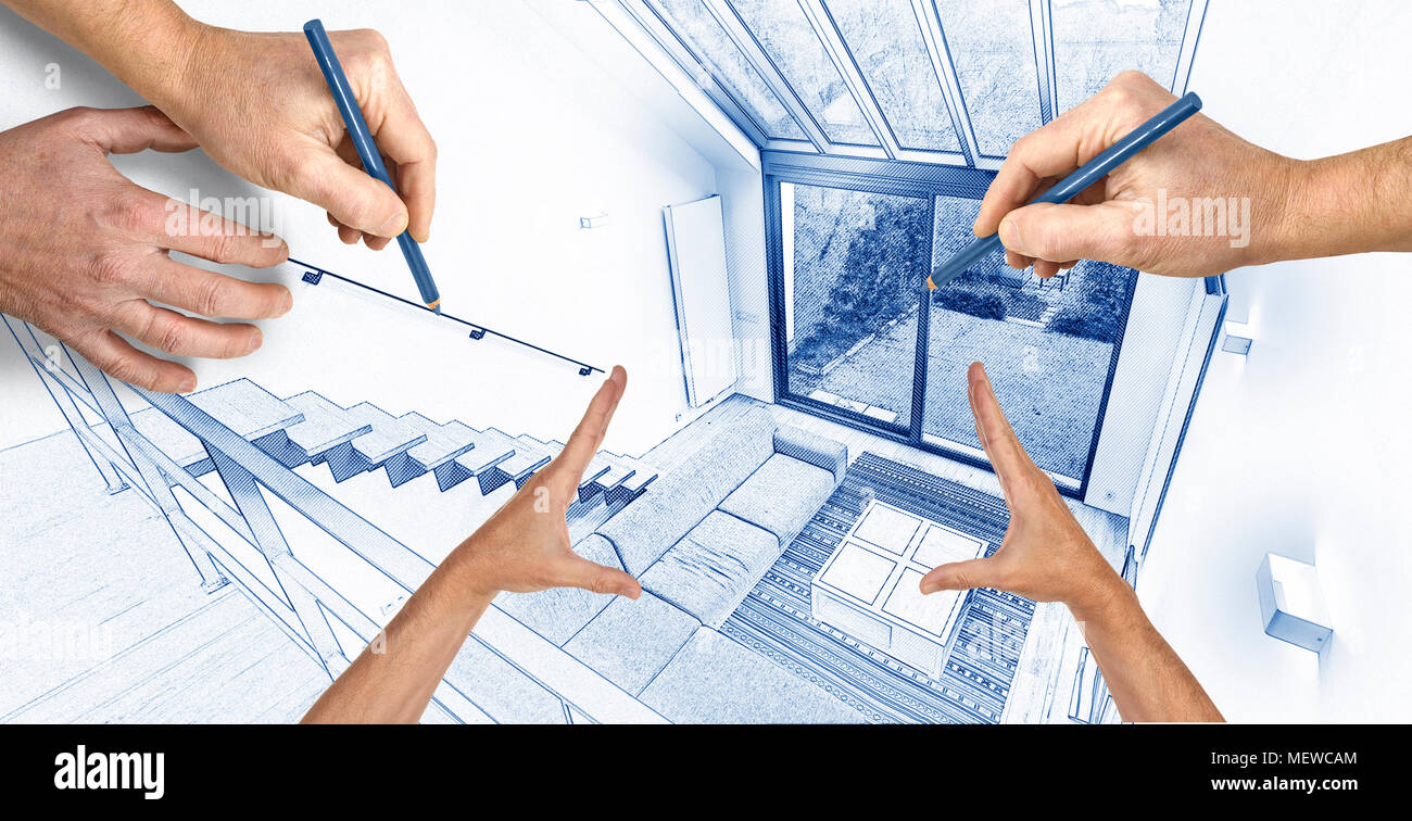Digital Blue Print Kunstwerk eines modernen Wohnzimmer und Hände Framing Stockfoto