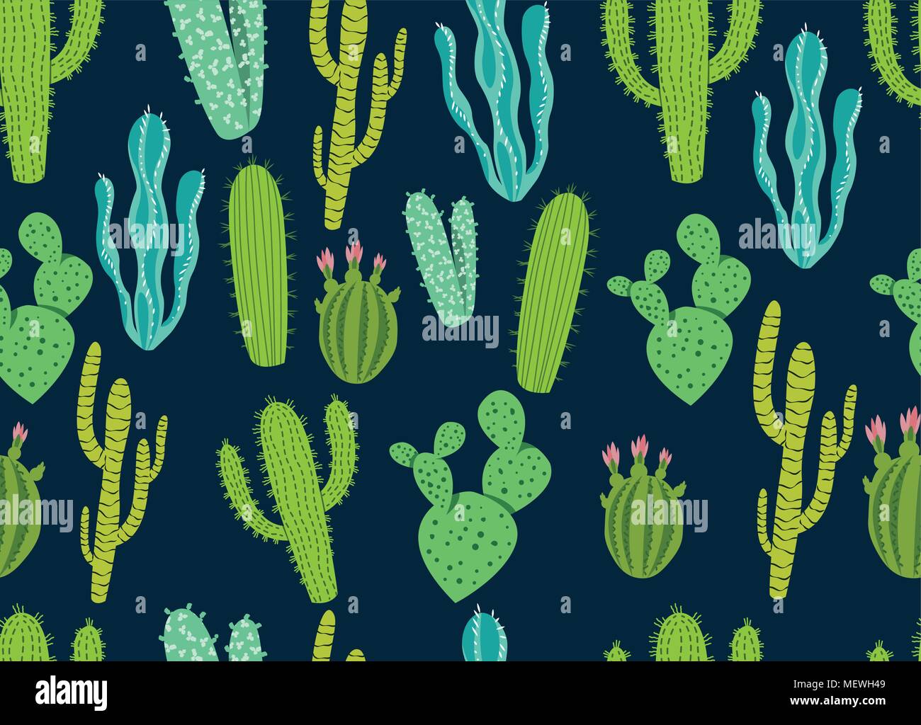 Eine nahtlose Muster mit grünen und blauen Sukkulenten und Kakteen. Vector Illustration Stock Vektor