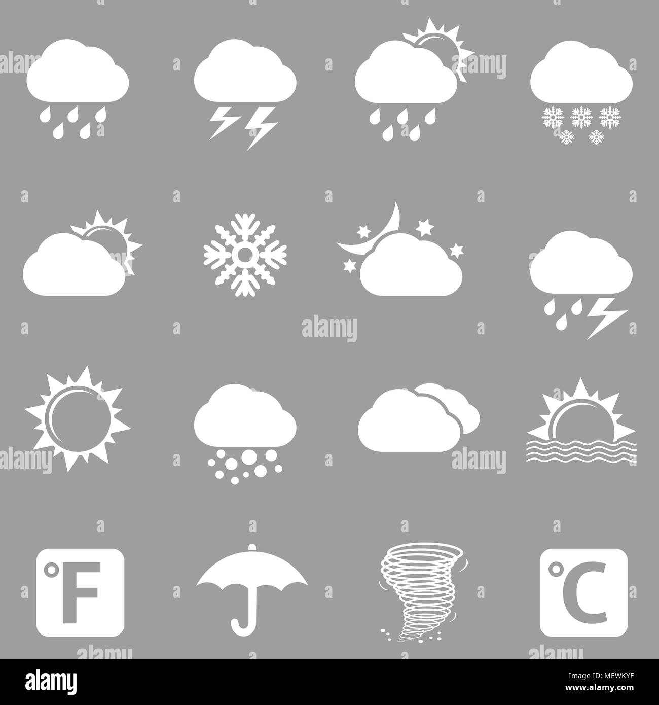 Wettervorhersage weiße Symbole auf dem grauen Hintergrund. Vector Illustration. Stock Vektor