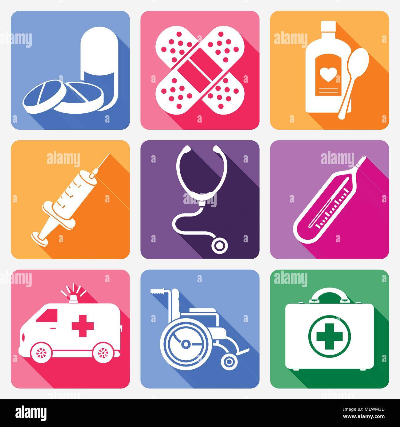 Medizinische flachbild Symbole, lange Schatten Design, Vektor, Abbildung Stock Vektor