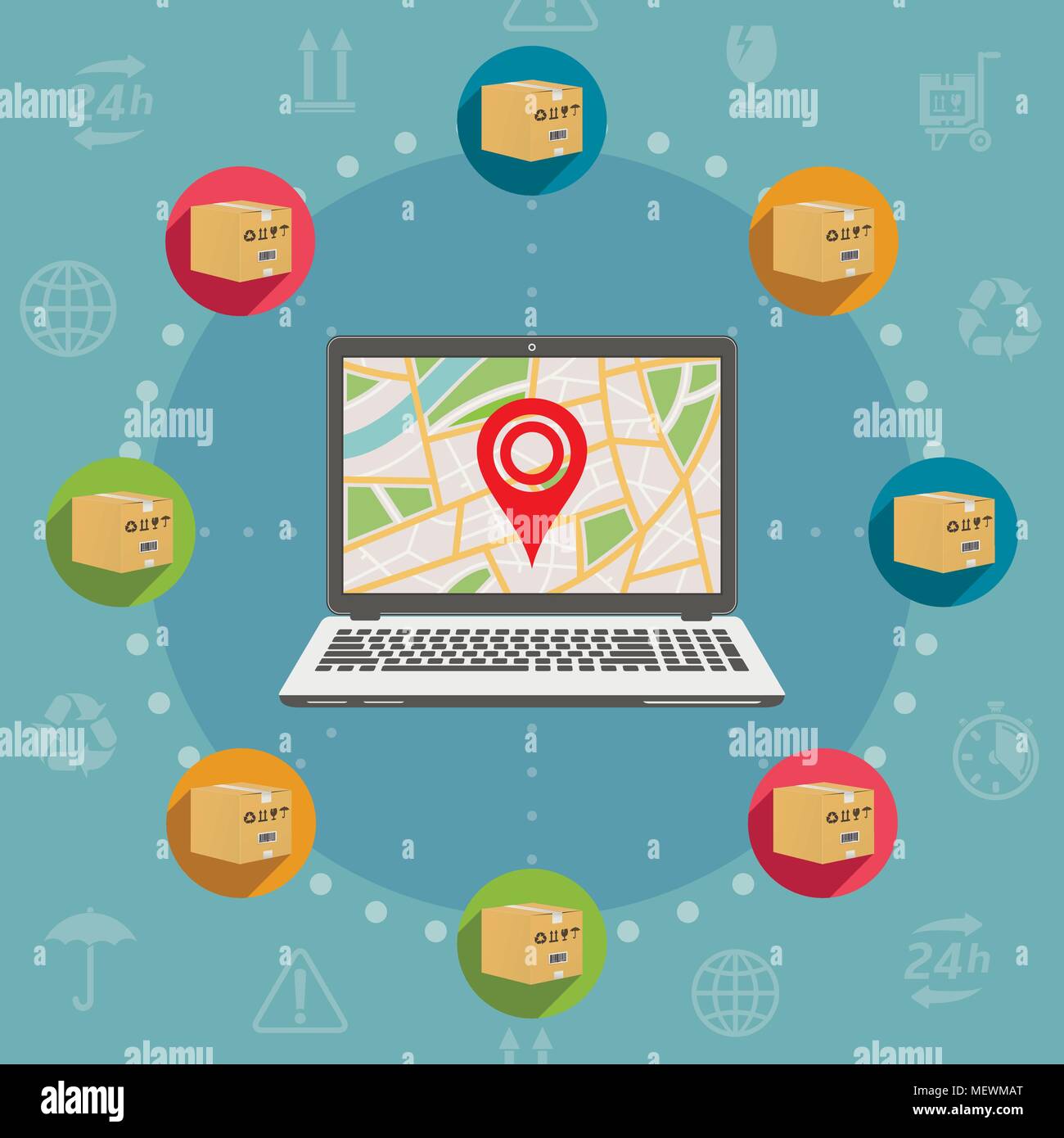 Karton Paketboxen und Laptop mit GPS-Karte. Versand Sendungsverfolgung um flache Design Vector. Stock Vektor