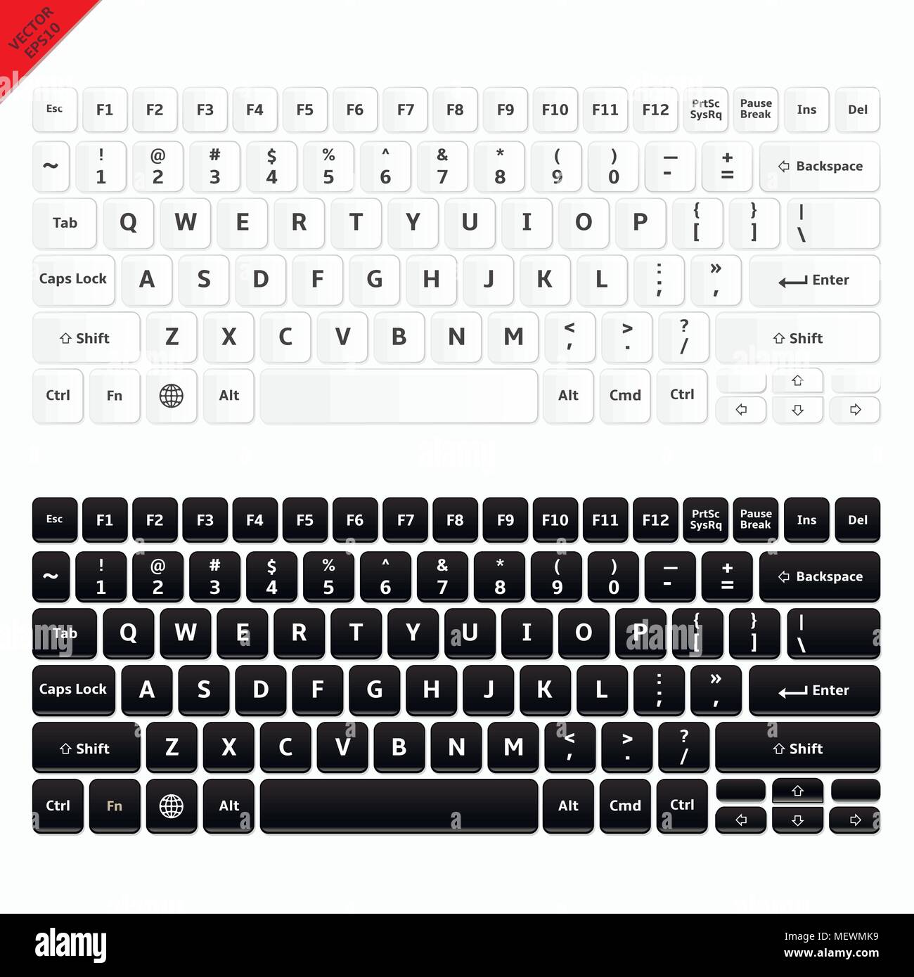 Vector Illustration des modernen Laptop Tastatur. Weiß und Schwarz laptop computer kabellose Tastaturen Draufsicht mit Tasten. Stock Vektor