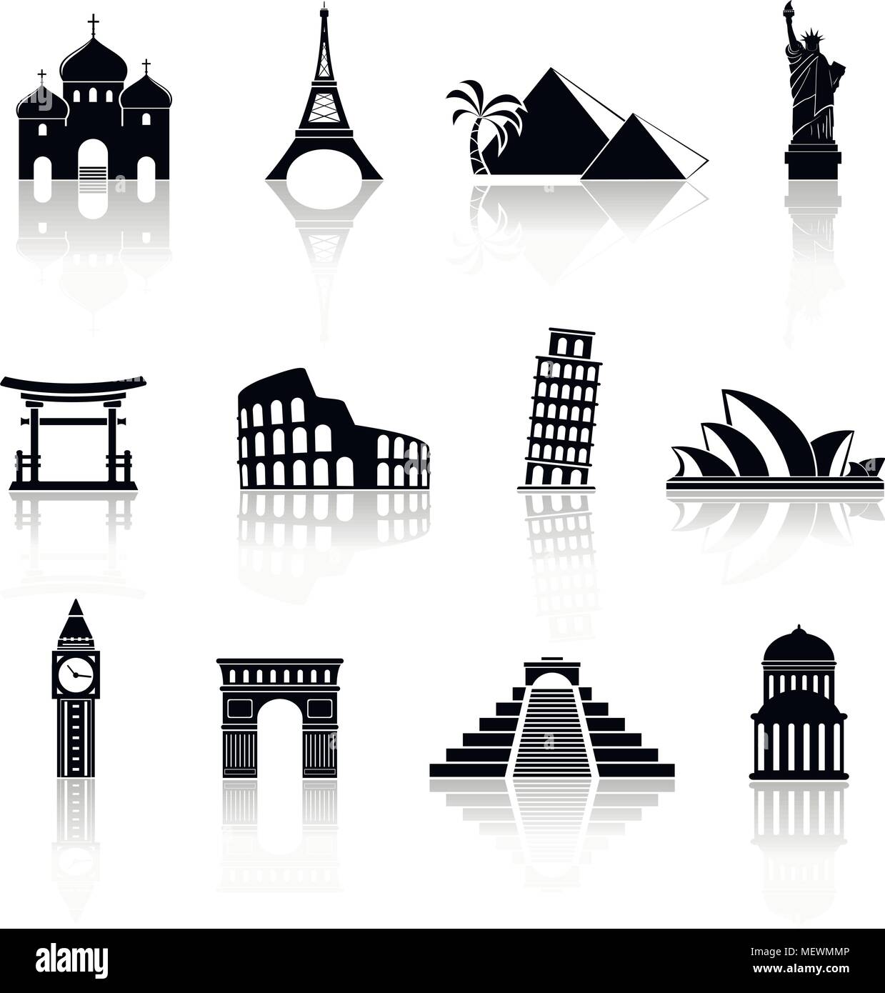 Welt Sehenswürdigkeiten Symbole. Weltberühmte Gebäude abstract Silhouetten. Vector Icons mit Reflexion. Stock Vektor