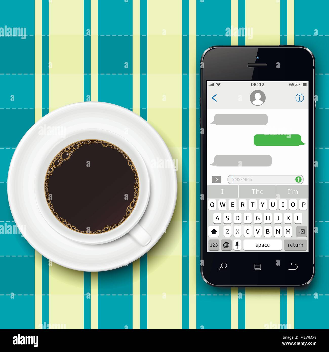 Smartphone und Kaffee Tasse. Soziales Netzwerk Konzept. Chatten und SMS/MMS-Konzept. Vector Illustration. Stock Vektor