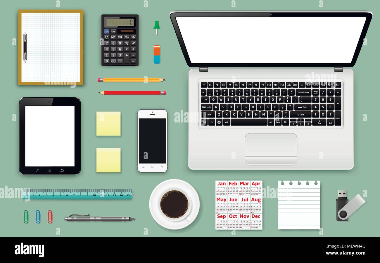 Arbeitsplatz Büro und Geschäft arbeiten Elemente einstellen. Mobile Geräte und Dokumente. Vektor Stock Vektor