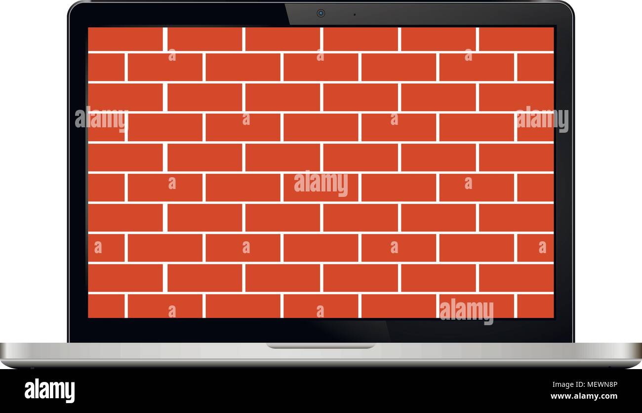 Brick Wall auf modernen Laptop Bildschirm. Firewall Konzept. Vector Illustration. Stock Vektor