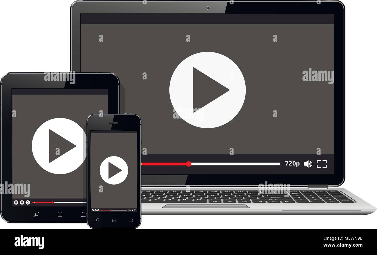 Moderne digitale Geräte mit Video player auf dem Bildschirm. Auf weißem Hintergrund, Vector Illustration. Stock Vektor