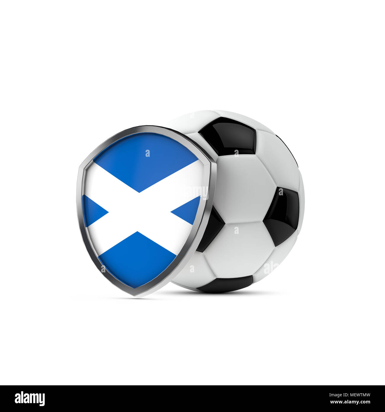 Schottland Nationalflagge Schild mit einem Fußball. 3D-Rendering Stockfoto