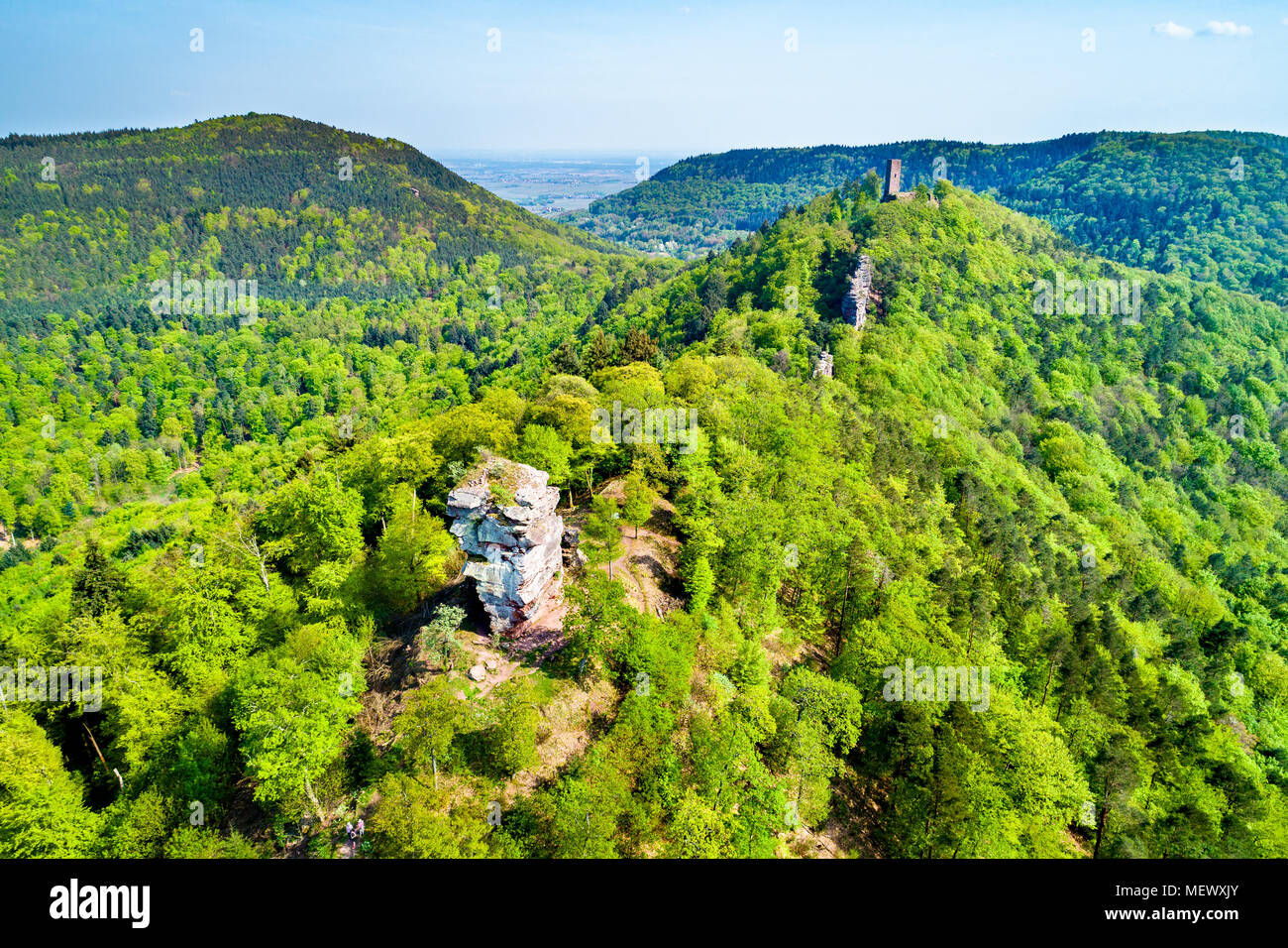 Anebos und Scharfenberg Burgen im Pfälzer Wald. Rheinland-pfalz, Deutschland Stockfoto