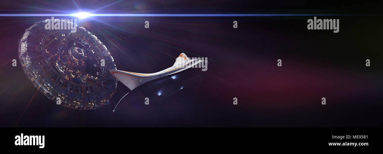 Raumschiff Abflug von der Raumstation, Verkehr im leeren Weltraum (3d-science fiction Abbildung) Stockfoto