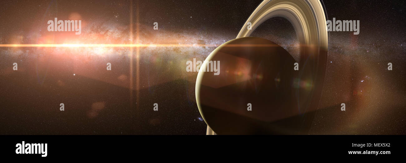 Sonnenaufgang über dem Planeten Saturn mit der Milchstraße im Hintergrund Stockfoto