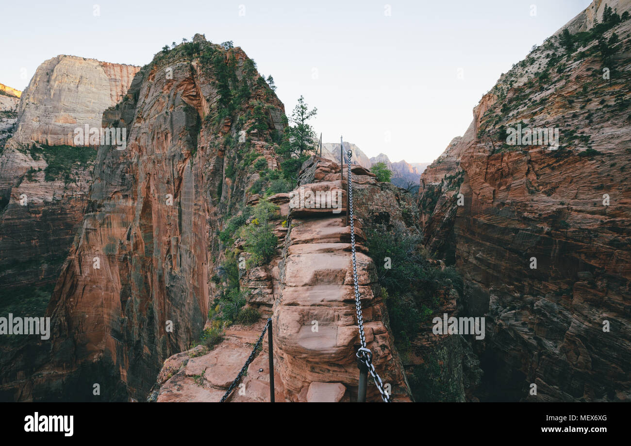 Panoramablick auf den berühmten Angels Landing Wanderweg mit Blick auf malerische Zion Canyon in schönen Abend dämmerung im Sommer, Zion National Park, Utah Stockfoto