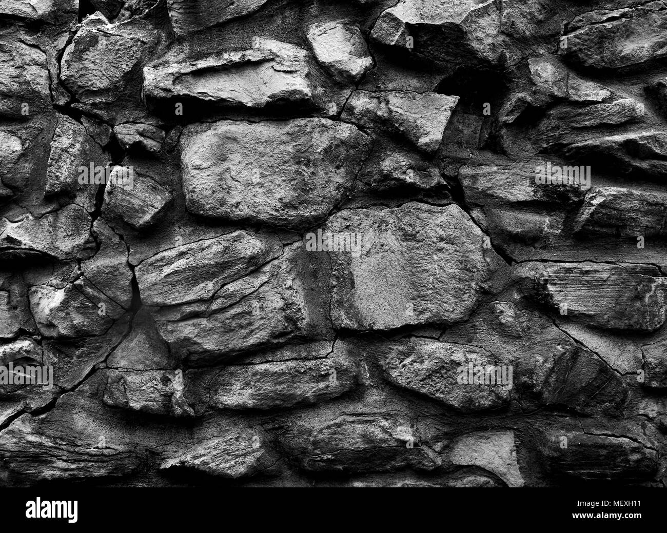 Alte Kloster Mauer aus großen Felsen Schwarz und Weiß 3D-Textur, Hintergrund Stockfoto