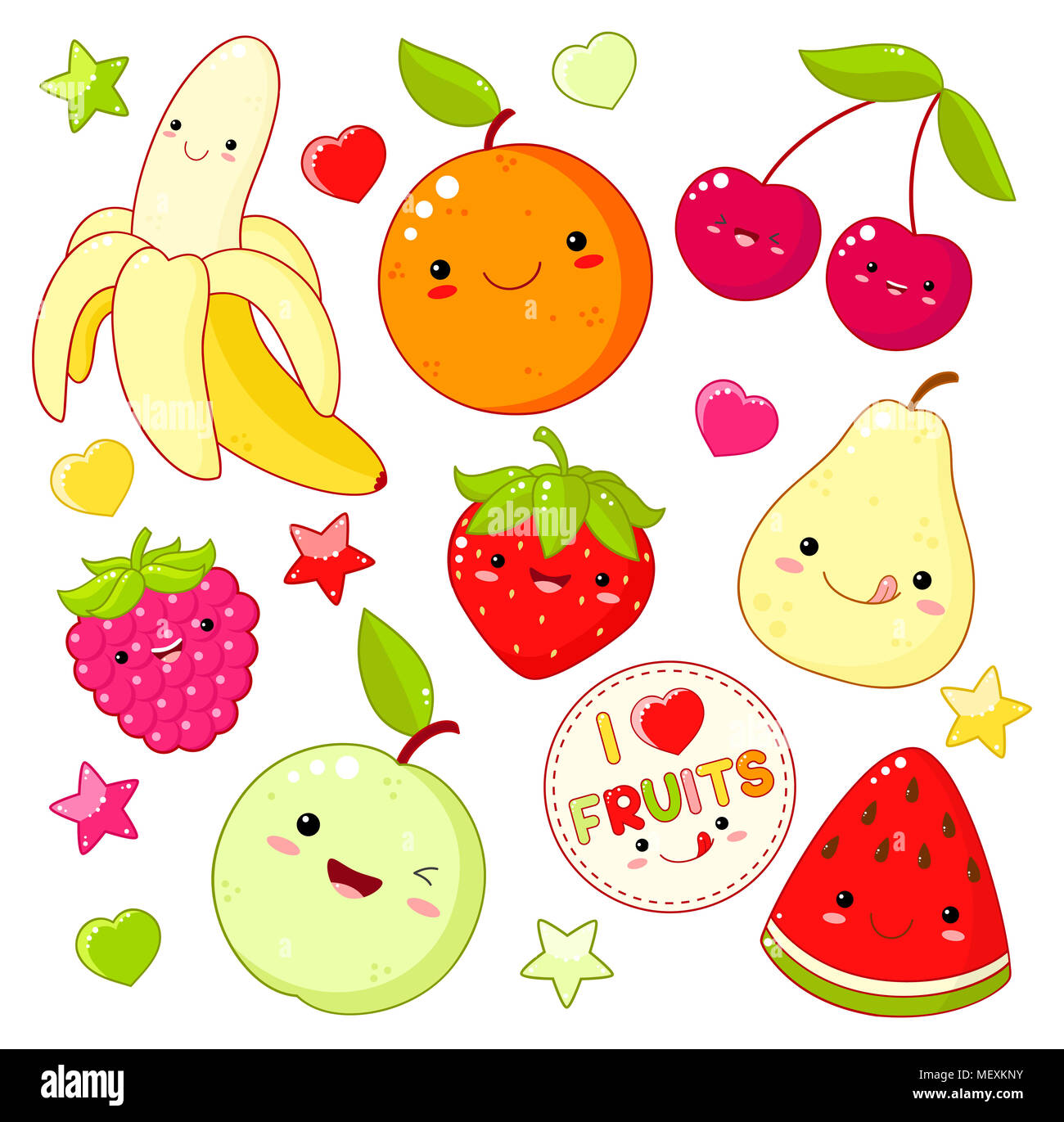 Satz von Niedlich süß Obst Symbole in kawaii Stil mit lächelnden Gesicht und rosa Wangen. Aufkleber mit Beschriftung I Früchte der Liebe. Apfel, Birne, Kirsche, orange, Stockfoto