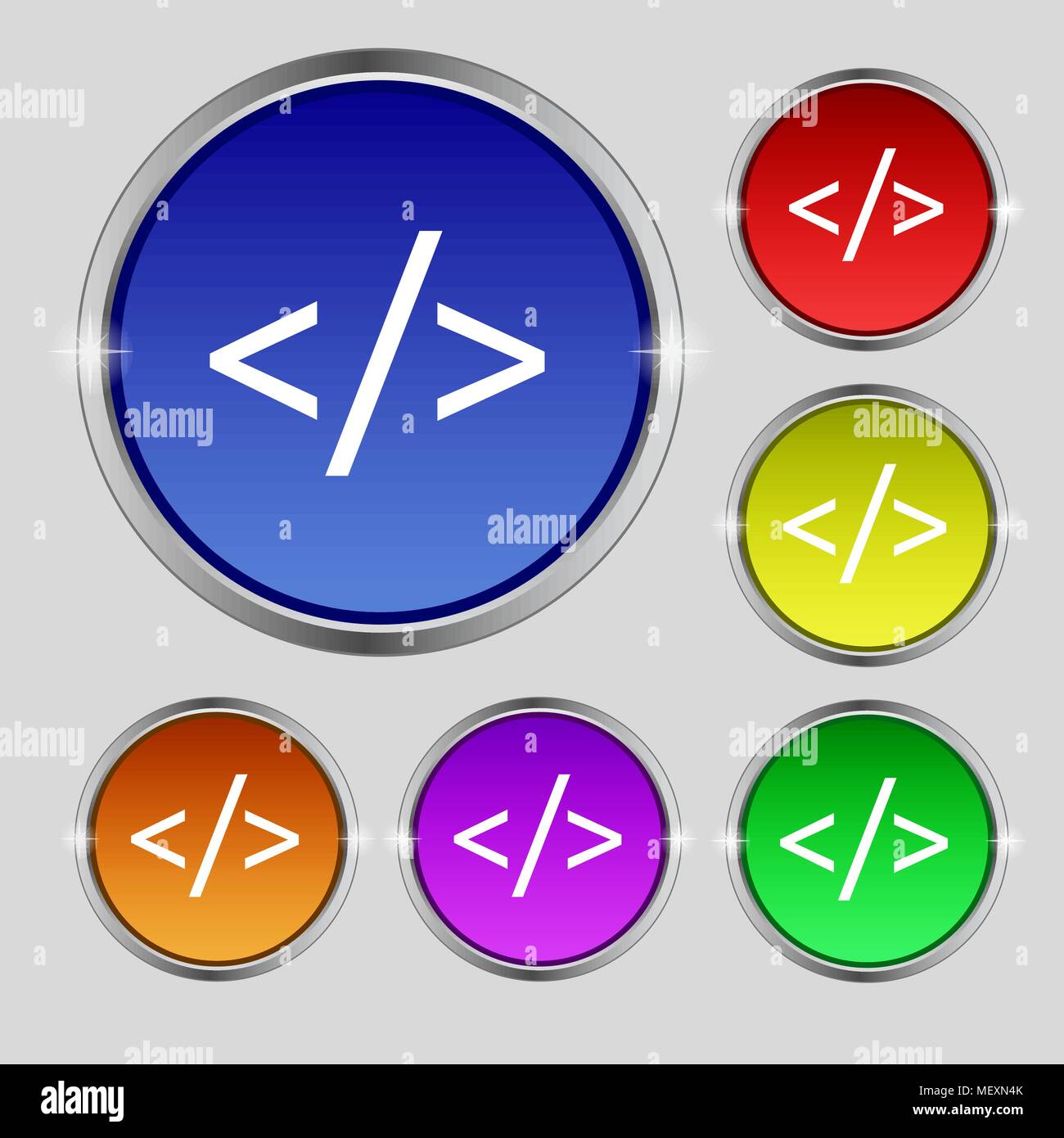 Code Zeichen Symbol. Programmiersprache Symbol. Satz von farbigen Tasten. Vector Illustration Stock Vektor