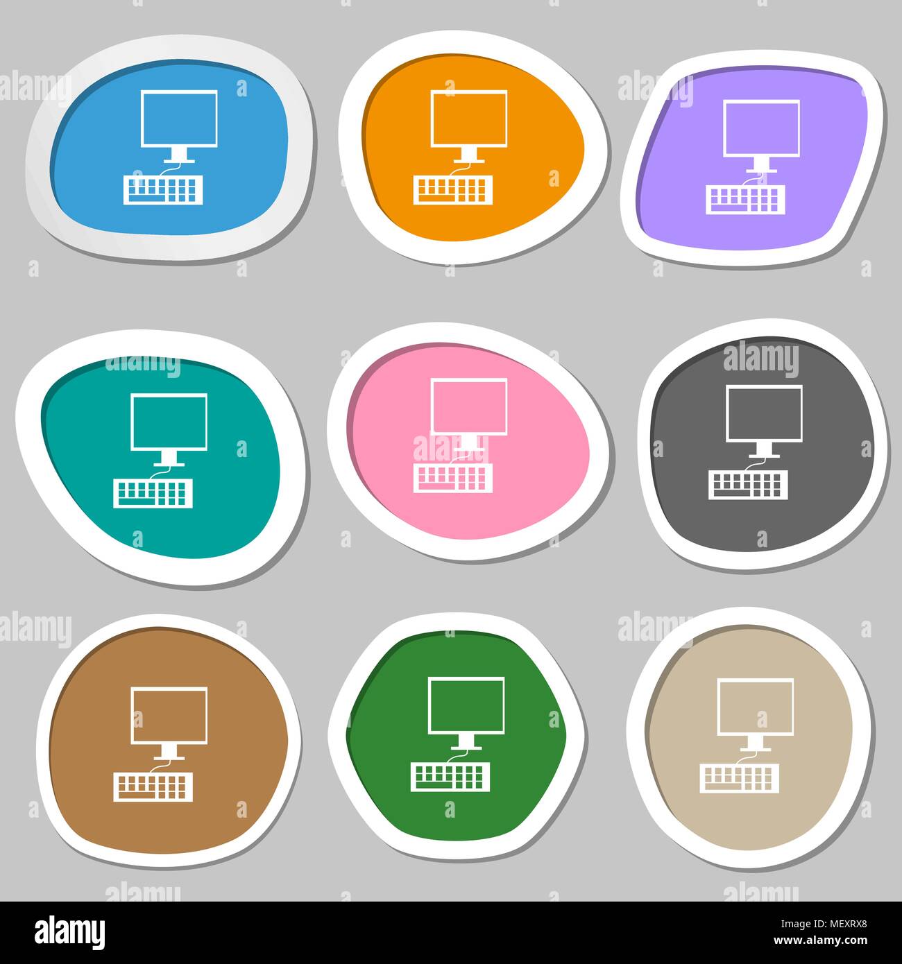 Computer, Monitor und Tastatur Symbol. Mehrfarbige Aufkleber aus Papier. Vector Illustration Stock Vektor