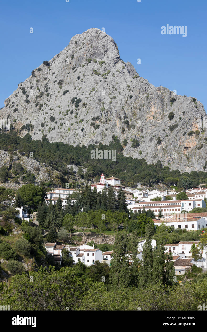 Blick auf die andalusischen weißen Dorf zwischen Bergen, Grazalema, Naturpark Sierra de Grazalema, Andalusien, Spanien, Europa Stockfoto