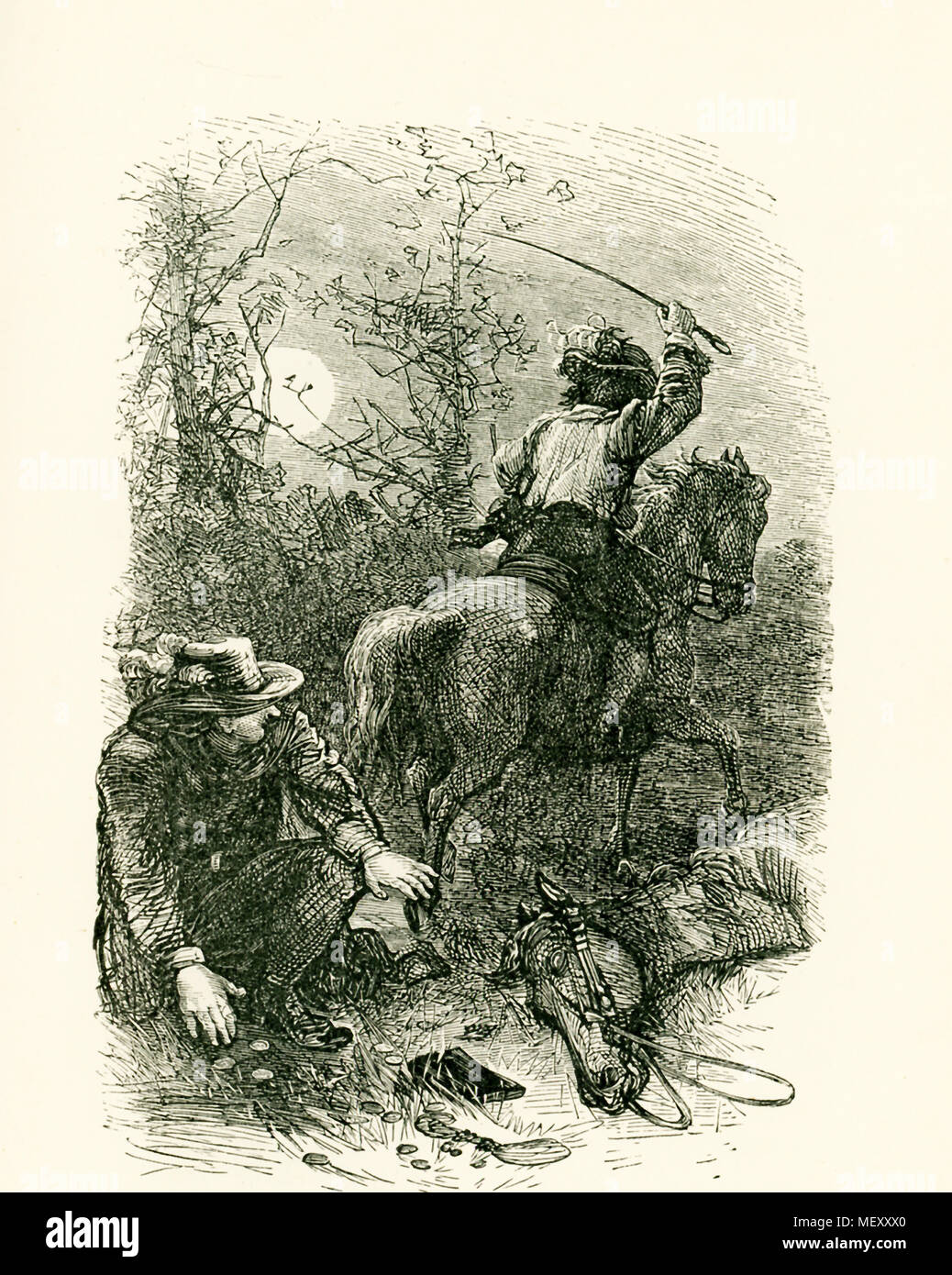 Die Beschriftung für diese Abbildung, die Daten bis um 1865 lautet: In einem Moment Colbert auf der Räuber Ross entsprungen, und klatschen Sporne zu ihm, außer Sicht war, bevor der Dieb hatte Zeit, sich zu erholen. Jean Baptiste Colbert war der Comptroller (Minister) der Finanzen von 1665 und Sekretär der Marine Form 1668 unter König Ludwig XIV. von Frankreich. Es im Alter von 15 Jahren gesagt wurde, bei der Arbeit an seinem Vater, er nahm einen kurzen Weg nach Hause und wurde von einem Räuber statt. Einfallsreich, er warf ein paar Münzen auf dem Boden und bekam von seinem Pferd. Der Räuber ot die Münzen sammeln ging, Colbert montiert das Ross und zu Stockfoto