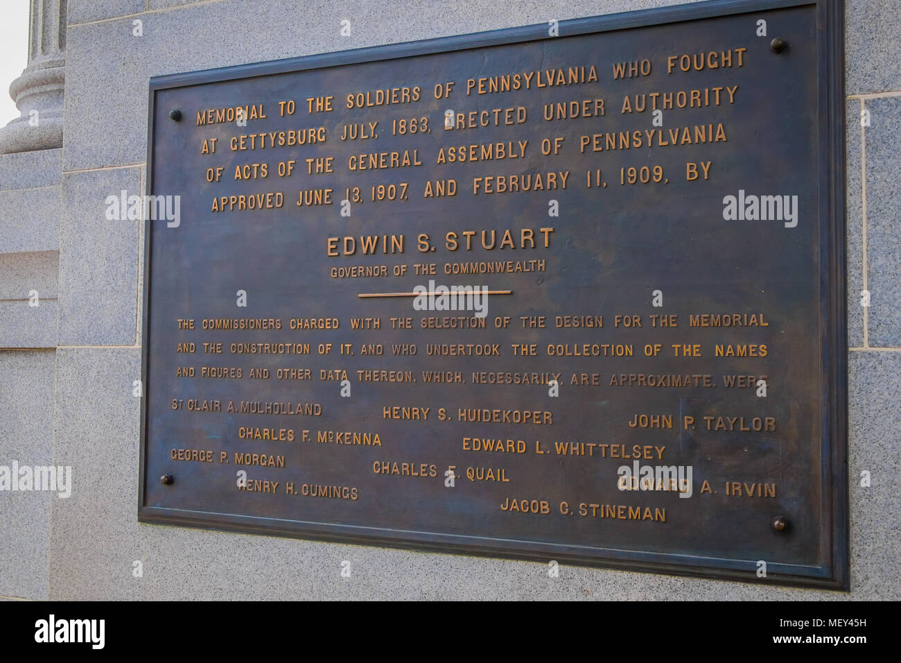 GETTYSBURG, USA - April, 18, 2018: Nahaufnahme von geschnitzten Buchstaben in einer metallischen Struktur in einem Friedhof in Gettysburg National Battlefield Historische entfernt Stockfoto