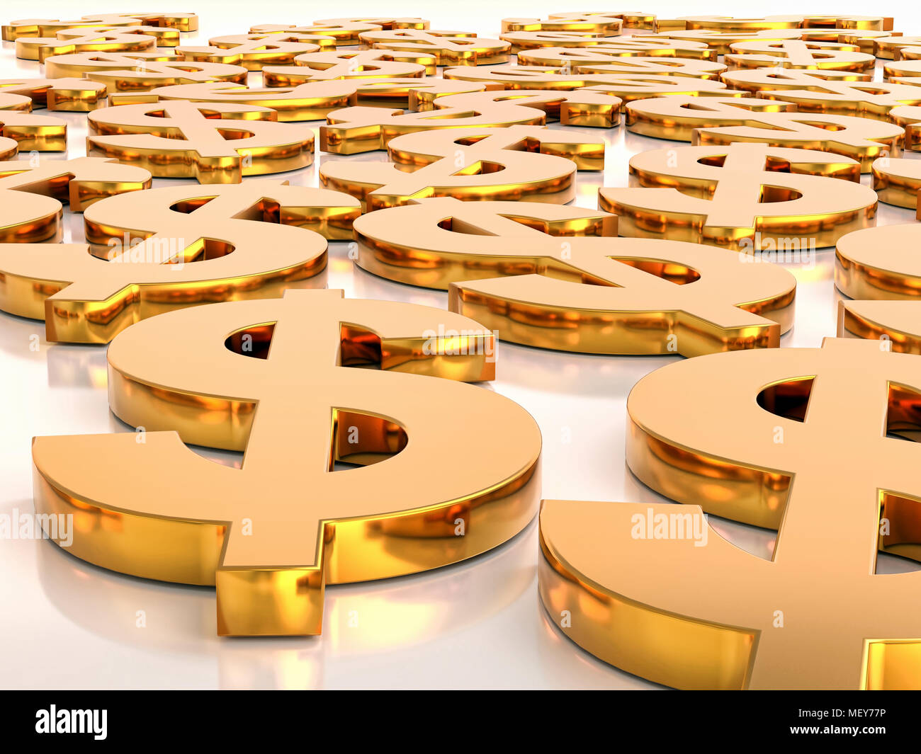 3D-Rendering von vielen goldenen USD Währungssymbole flach auf weiße Oberfläche Stockfoto