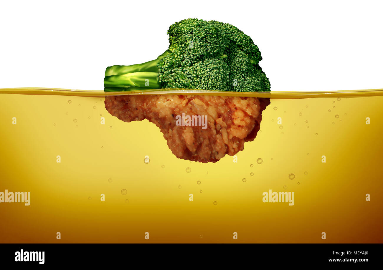 Kochen und Frittieren frittierte Speisen Konzept als Grün roh Broccoli und ein warmes geschlagene Hälfte unter heißen Öls, das als ein Symbol für eine gesunde Küche. Stockfoto