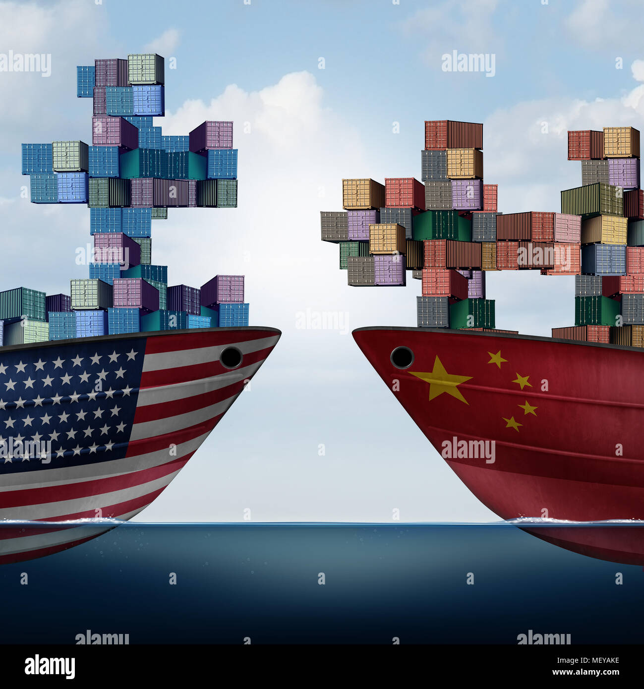 China United States Trade Herausforderung und Amerikanischen Tarife als zwei gegensätzliche Frachtschiffe wie ein Puzzle als wirtschaftliche Besteuerung Streit geprägt. Stockfoto