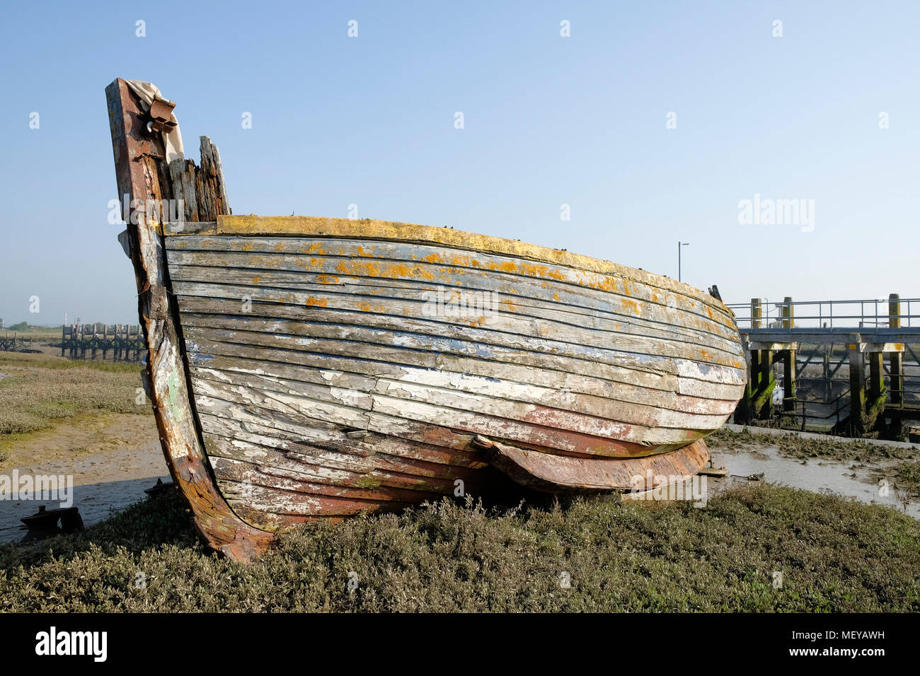 Verlassene Boot, Hafen, Rye Rye, East Sussex, Großbritannien Stockfoto