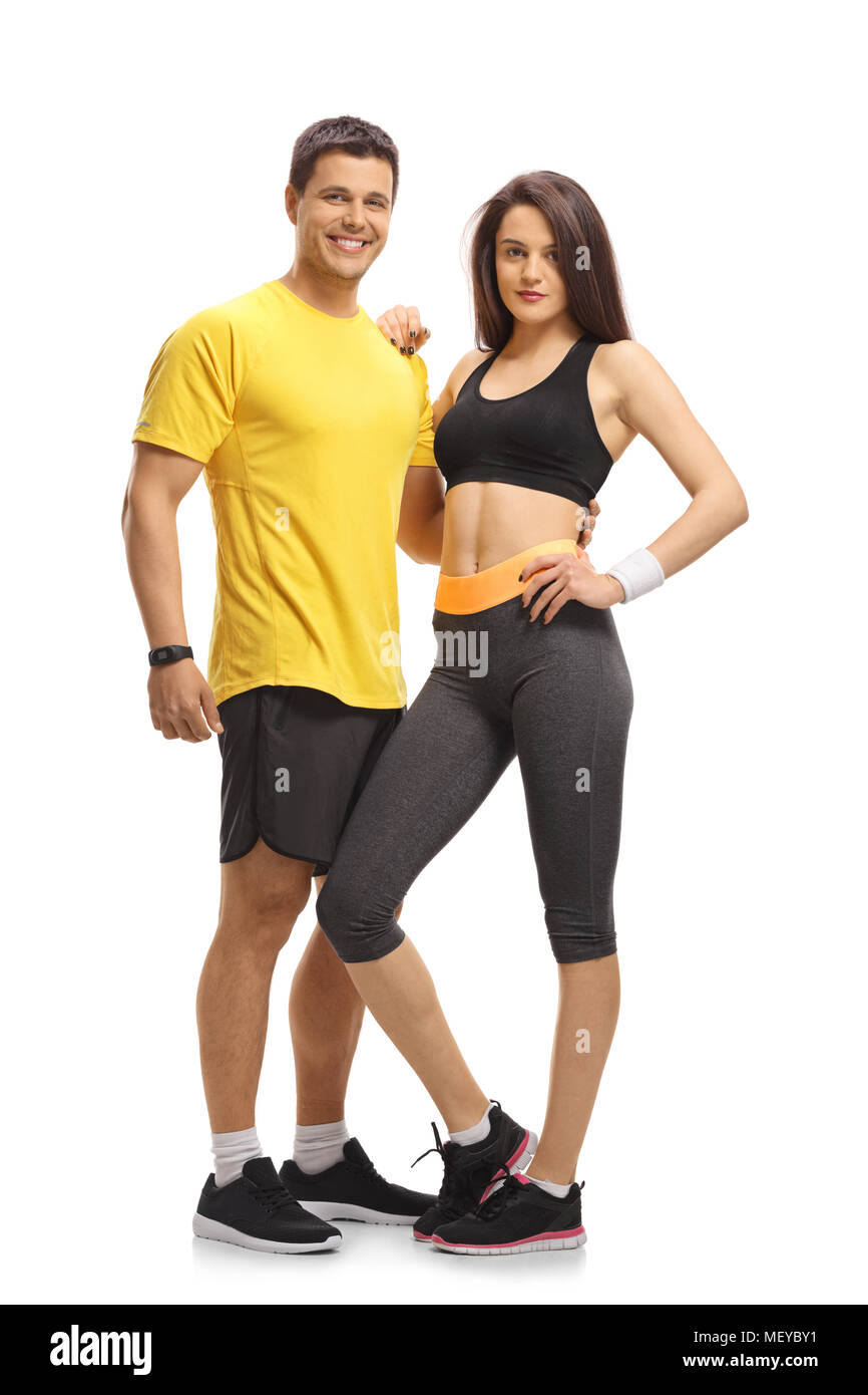 In voller Länge Porträt einer jungen fitness Paar auf weißem Hintergrund Stockfoto